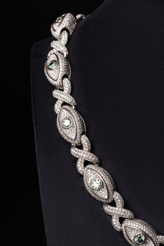 22mm 3D Evil-Eye Diamond Infinity Link Chain 10k Solid White Gold