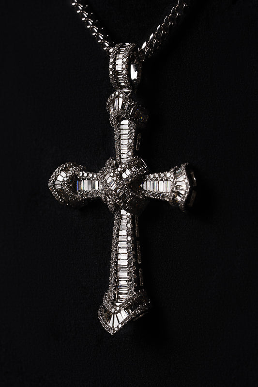 Diamond Baguette Cross Pendant 18k Solid White Gold 4.00ctw