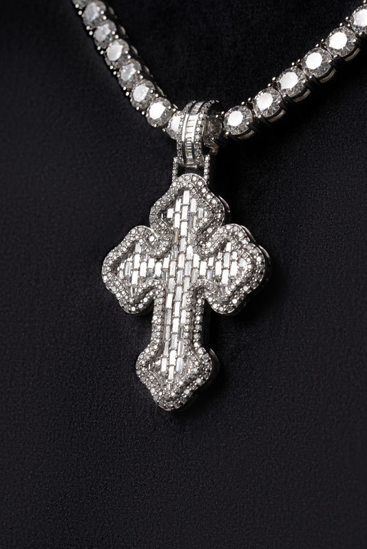 Diamond Emerald Baguette Chrome Cross Pendant 18k Solid White Gold 4ctw