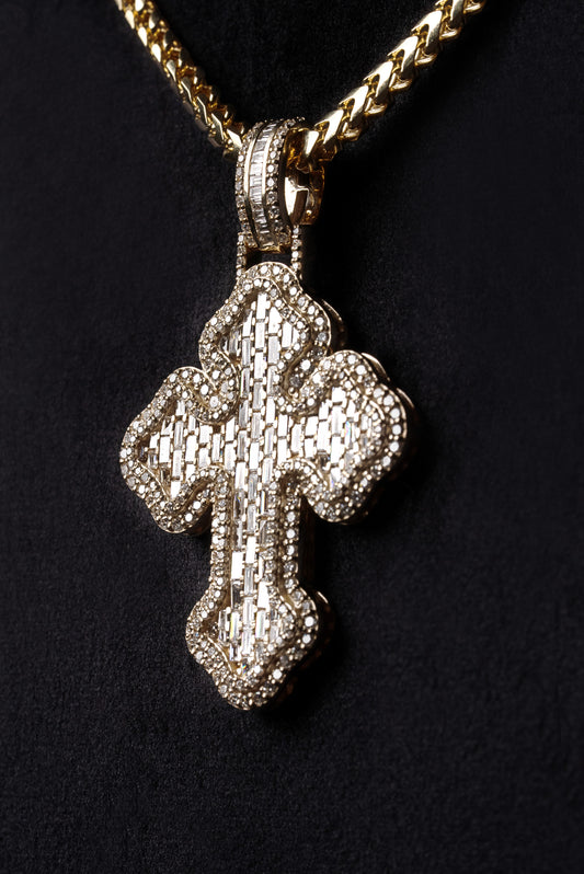 Diamond Emerald Baguette Chrome Cross Pendant 18k Solid Gold 5.5ctw