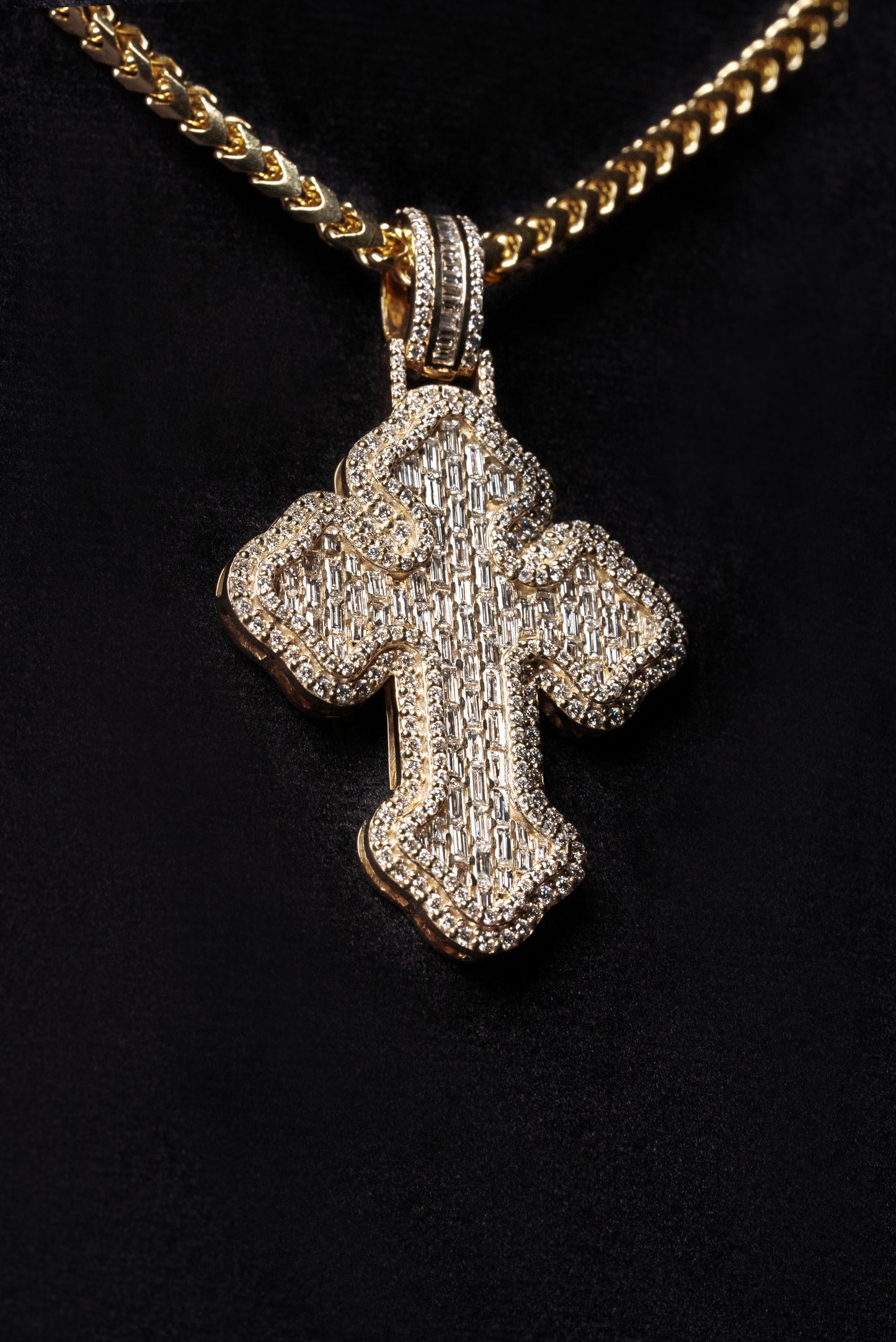 Diamond Emerald Baguette Chrome Cross Pendant 18k Solid Gold 5.5ctw