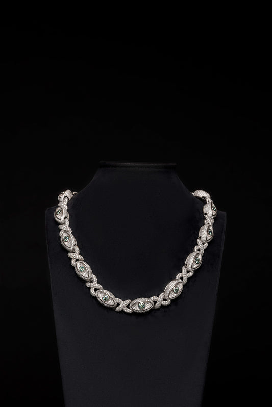 22mm 3D Evil-Eye Diamond Infinity Link Chain 10k Solid White Gold