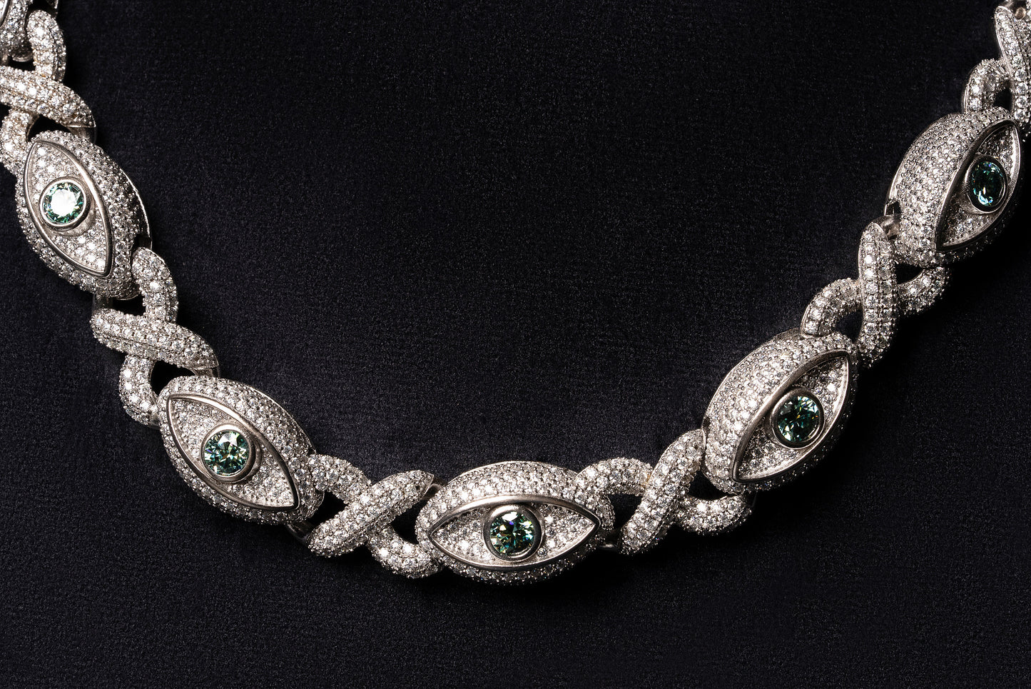 22mm 3D Evil-Eye Diamond Infinity Link Chain 10k Solid White Gold