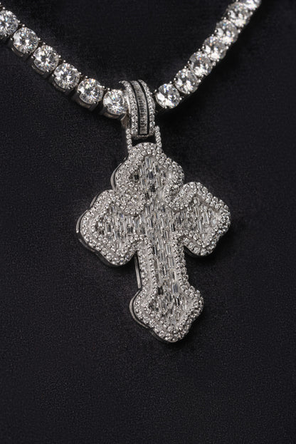Diamond Emerald Baguette Chrome Cross Pendant 18k Solid White Gold 4ctw