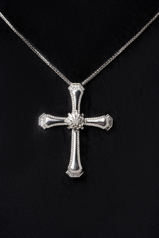 Diamond Star Cross Pendant 18k Solid White Gold
