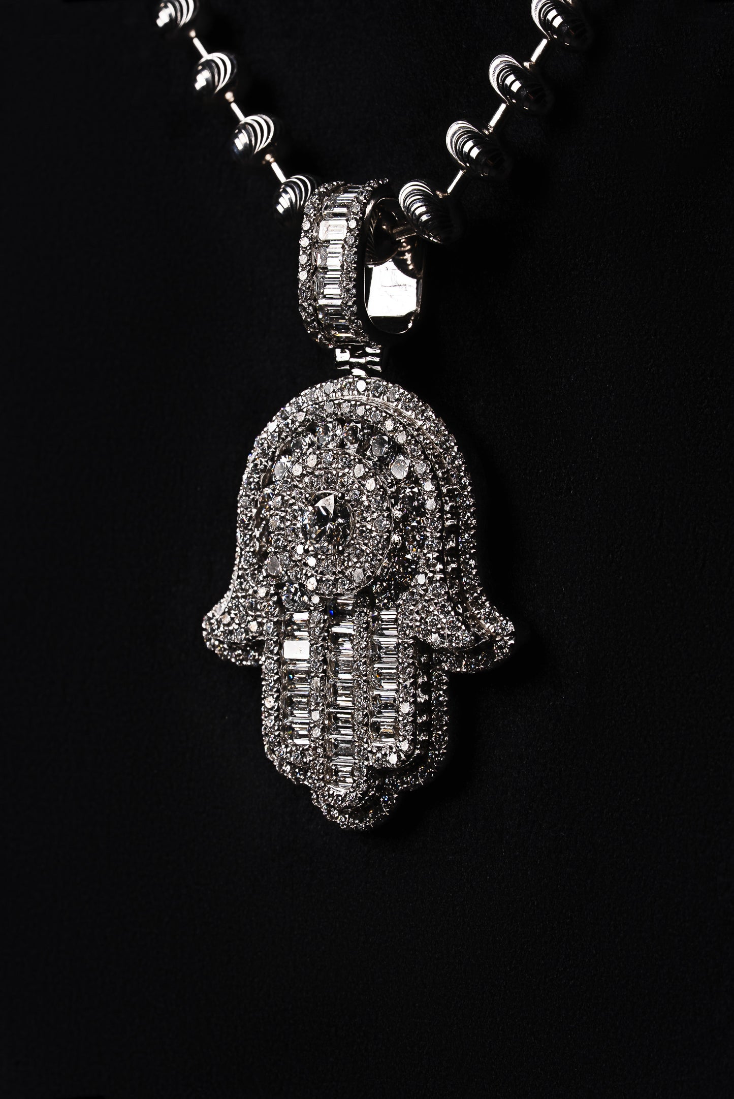 Diamond Baguette Fatima Hand Pendant 18k Solid White Gold 3.80ctw