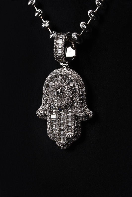 Diamond Baguette Fatima Hand Pendant 18k Solid White Gold 3.80ctw