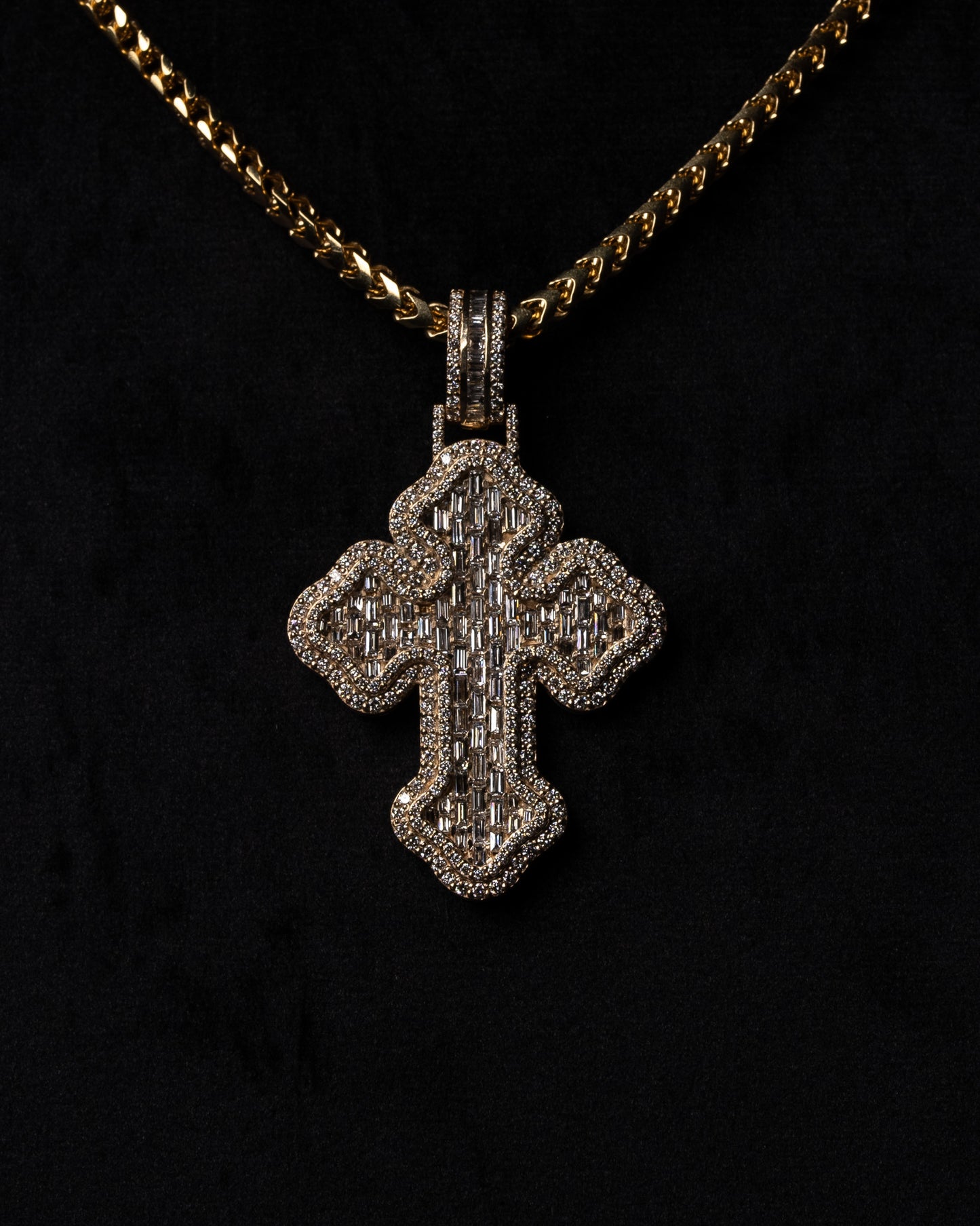 Diamond Emerald Baguette Chrome Cross Pendant 18k Solid Gold 5.5ctw