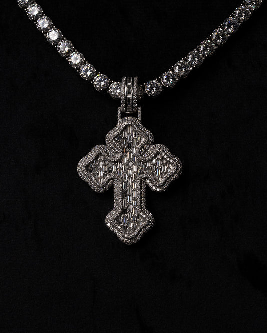 Diamond Emerald Baguette Chrome Cross Pendant 18k Solid White Gold 4ctw
