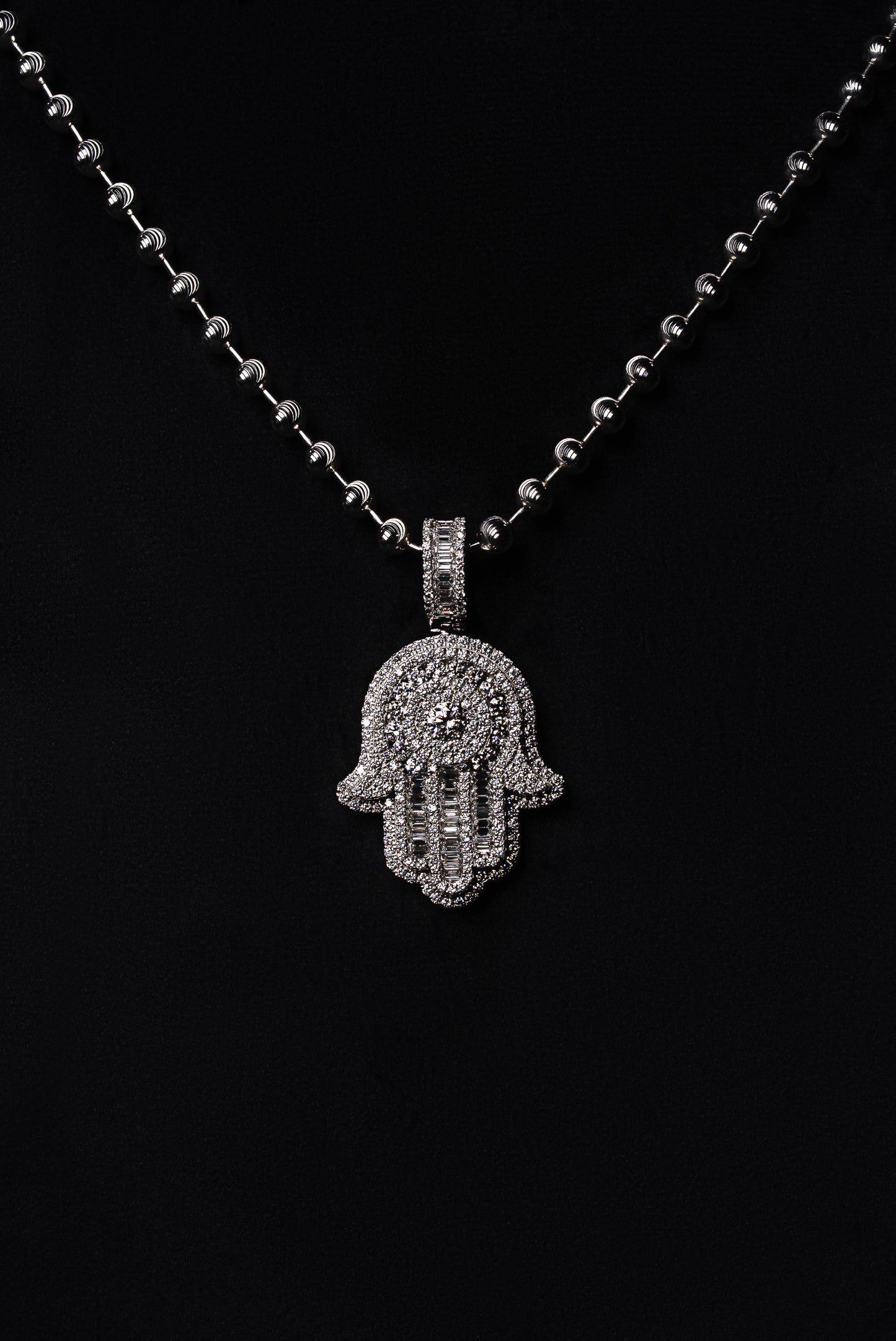 Diamond Baguette Fatima Hand Pendant 18k Solid White Gold 3.80ctw