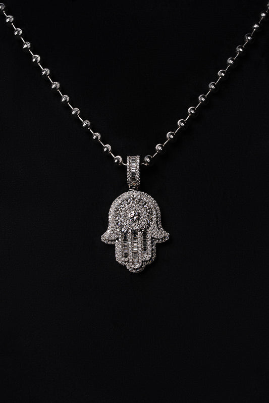 Diamond Baguette Fatima Hand Pendant 18k Solid White Gold 3.80ctw